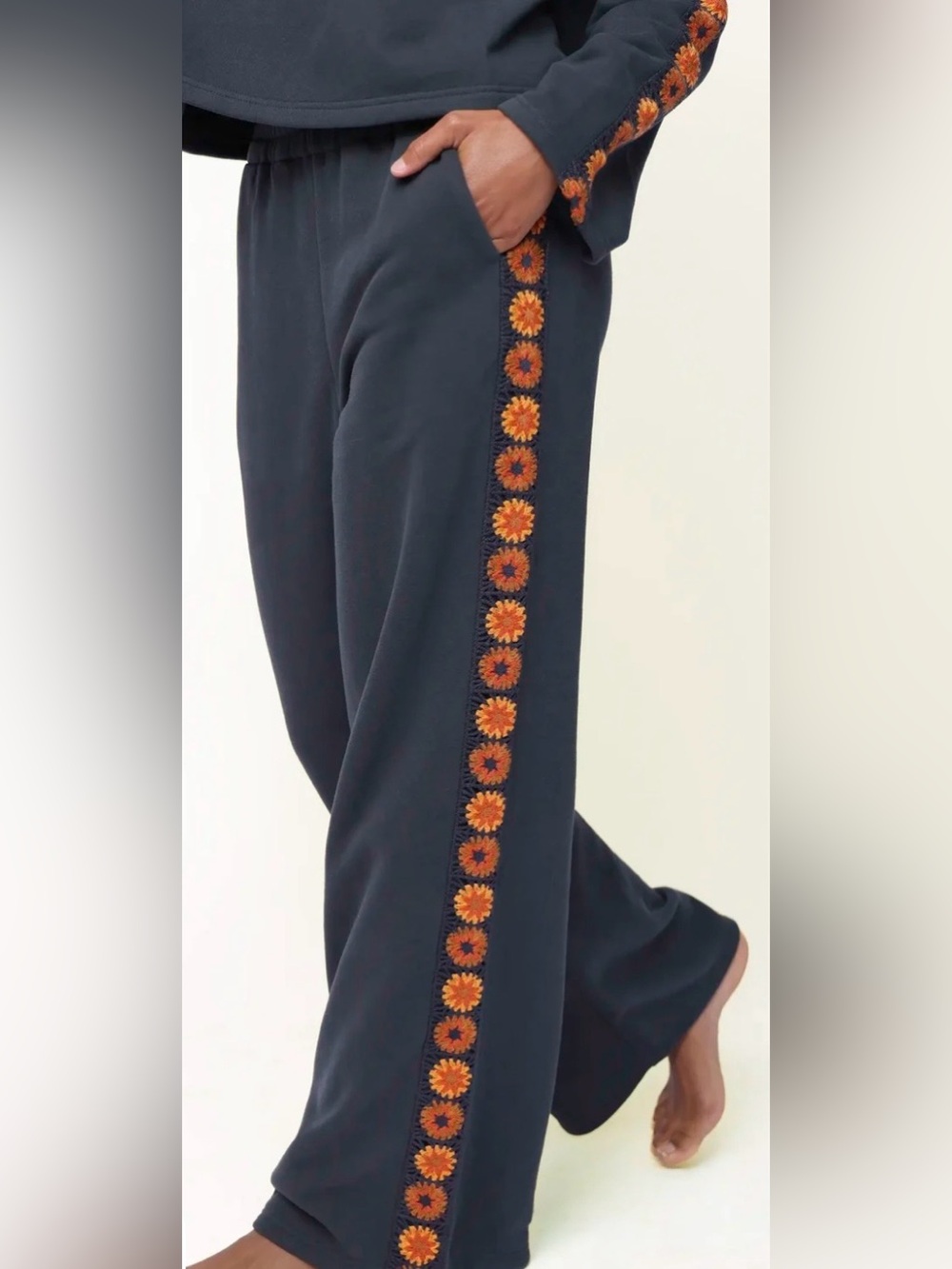 Natural Life Embroidered Side-Stripe Wide Leg Pants - Black with Orange Trim